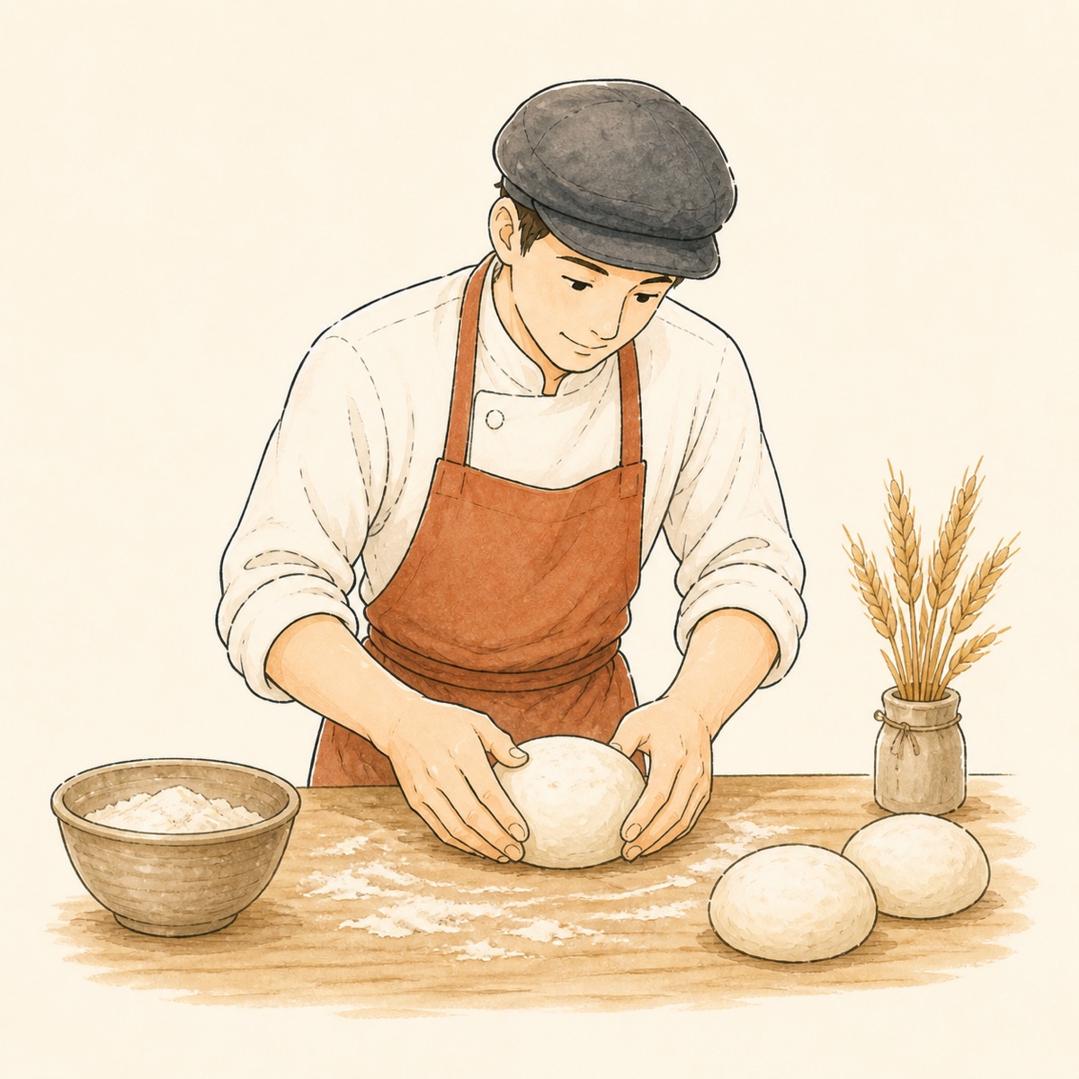 パン生地を成形するスタッフのイラスト