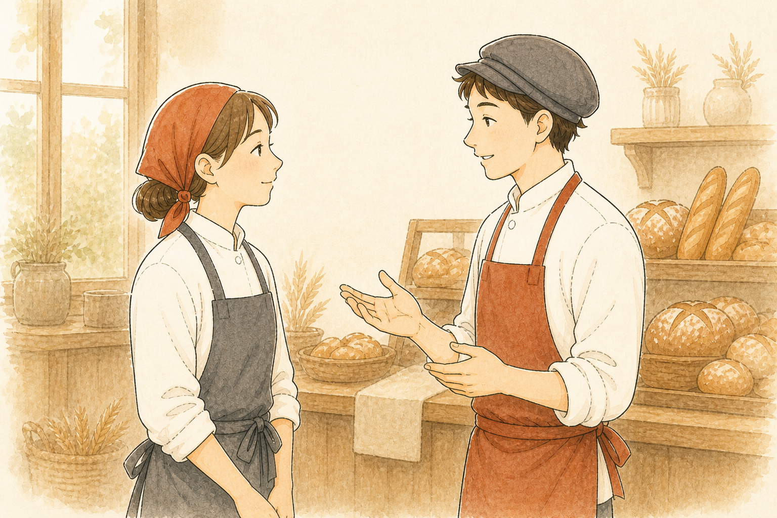 パン屋の店内で話し合う二人のイラスト