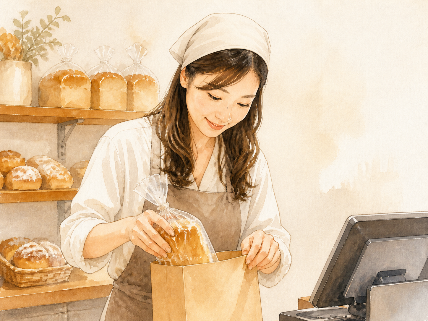 パンを袋に入れる販売スタッフのイラスト
