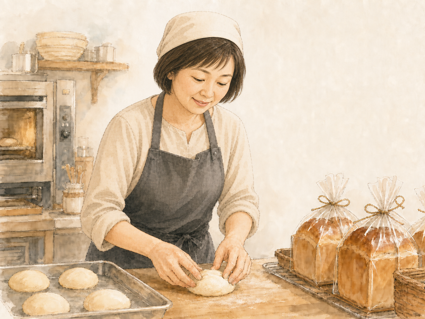 パンの成形と包装を担当する短時間勤務スタッフのイラスト